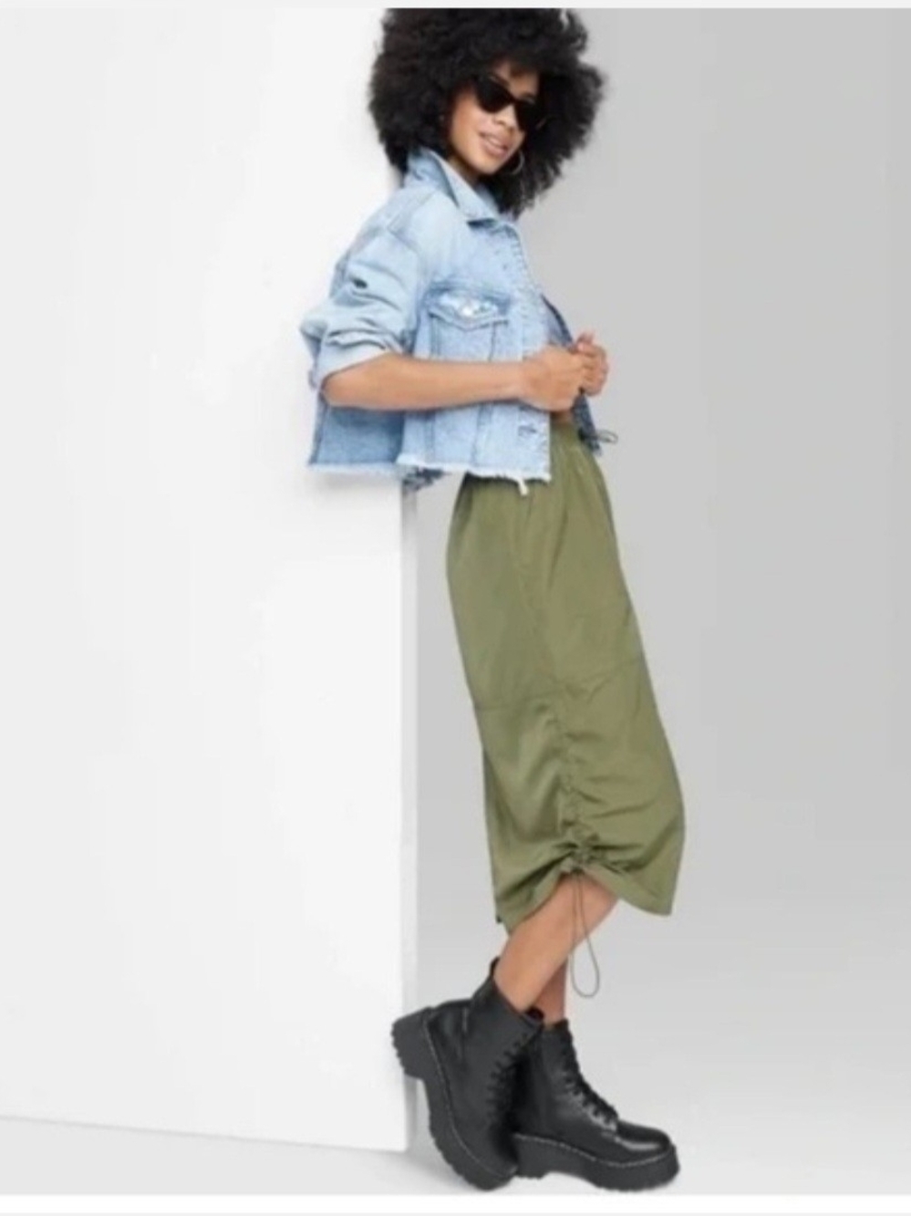 Cargo Olive Drawstring Midi Skirt